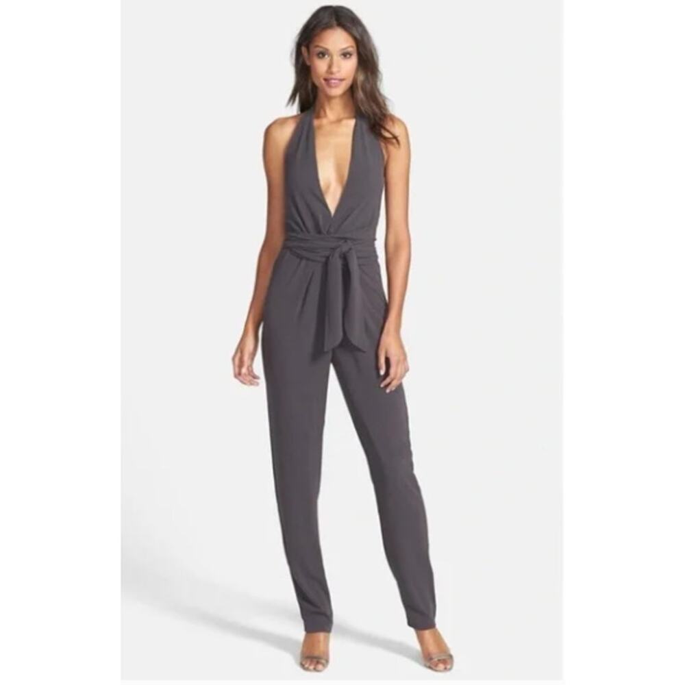 Halston Heritage Halter Jumpsuit Gray w/ Wrap-Tie Straight Leg Night Out 12